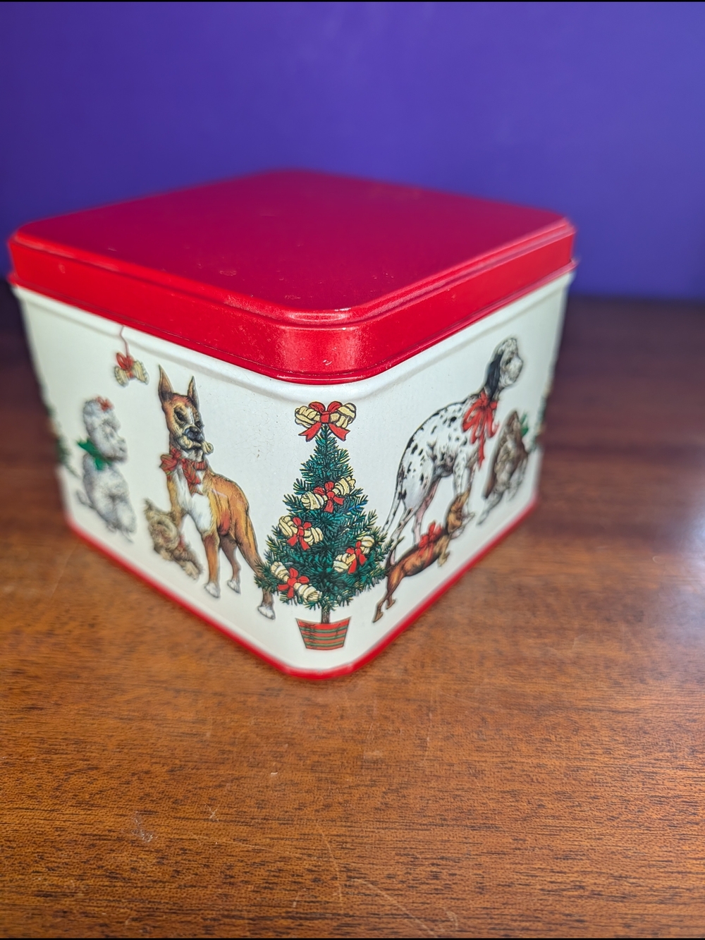 Vintage 1989 Potpourri Press Christmas Dog Tin Red Lid Square Holiday